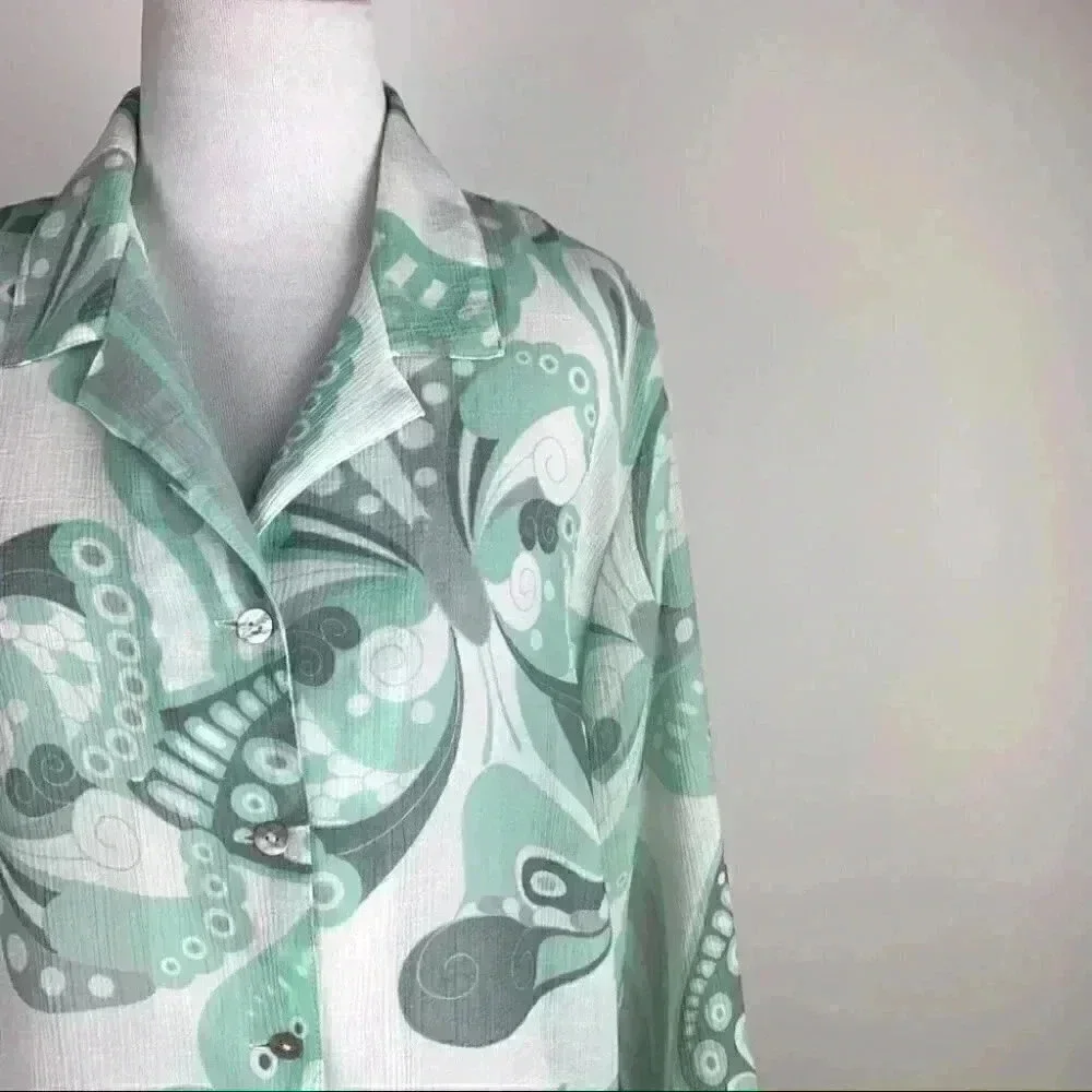 Alfred dunner top size 16 mint green white butterfly button down Y2K vintage